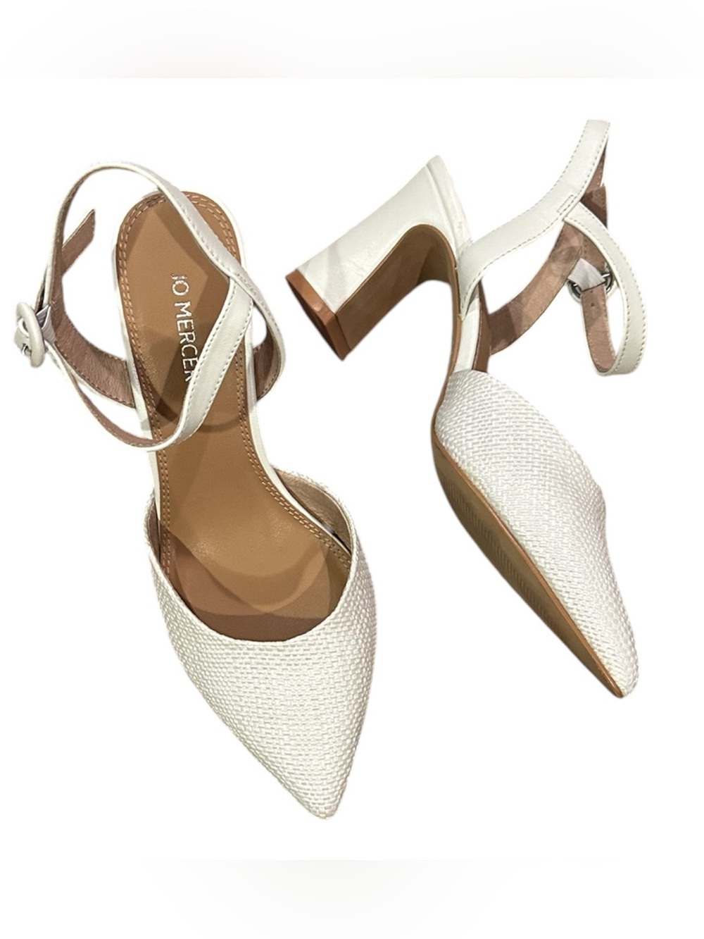 JO MERCER ALTON WHITE RAFFIA LEATHER BUCKLE BLOCK HEEL POINTED TOE 37